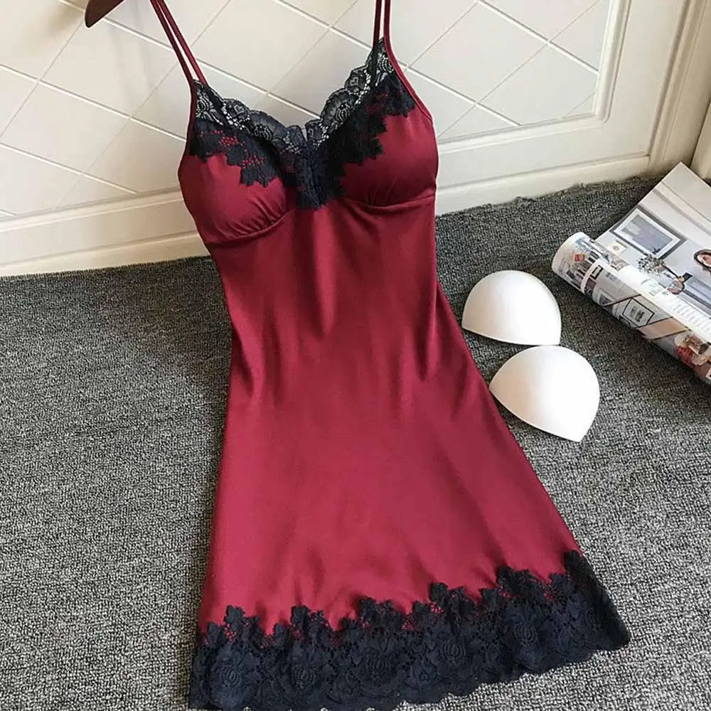 Wine Red Сексуальное Ночное Платье размера плюс, платье для сна на бретельках, цветочное кружевное лоскутное ночное белье, ночное белье Nuisette, женское нижнее белье - Цвет: Wine Red