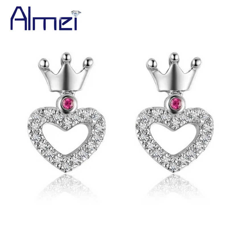 Almei 40% скидка корона Сердце 925 Стерлинговое серебро серьги гвоздики с камнями