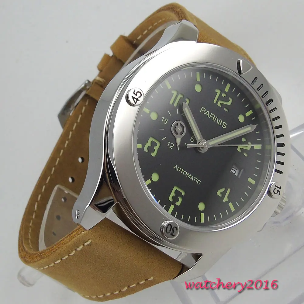 Мужские автоматические механические часы parnis черный циферблат светящийся чехол