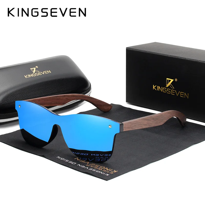 Blue walnut wood KINGSEVEN, солнцезащитные очки ручной работы, мужские, поляризационные, орех, деревянные очки, женские, зеркальные, Ретро стиль, Oculos de sol masculino, UV400 - Цвет линз: Blue walnut wood