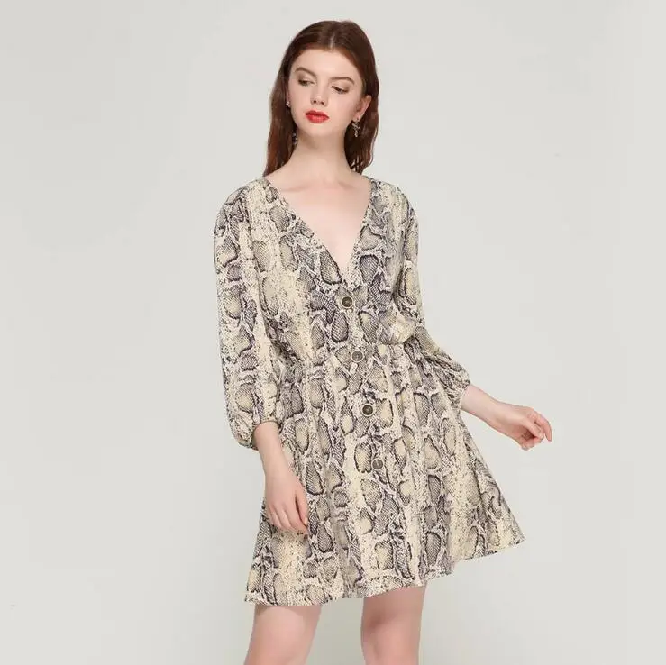 Для женщин сексуальный v-образный вырез Змеиный узор платье эластичный пояс с