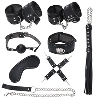 8pcs pu leather bdsm bondage restraints set kit ankle hand cuffs whip blindfold gag neck collar leash erotic sex toys adult game