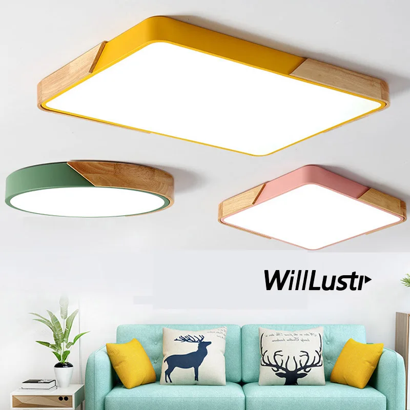 

Nordic Macaron Color LED Ceiling Light Wood Lamp Round Square Hotel Restaurant Cafe Hall Bedroom Bar Modern Minimalist Lighting