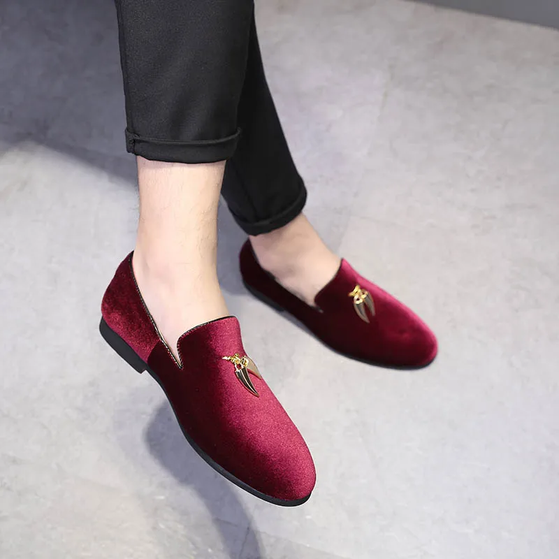 2019 Men Velvet Loafers Slip-on Flats Gold Tooth Decoration Plus Size EU37-48 Casual Shoes Black Burgundy Royal Blue | Обувь