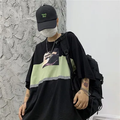 CheerSolo Harajuku негабаритная Футболка женская светоотражающий летний топ мультфильм аниме футболка Черная зеленая футболка Японская уличная одежда - Цвет: Черный