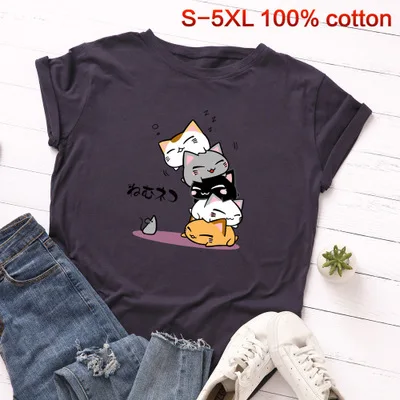 navy blue S-5XL, новинка, принт с милой кошкой, женская футболка, хлопок, круглый вырез, короткий рукав, летняя маленькая футболка с крысами, топы, повседневные, плюс футболки - Цвет: navy blue