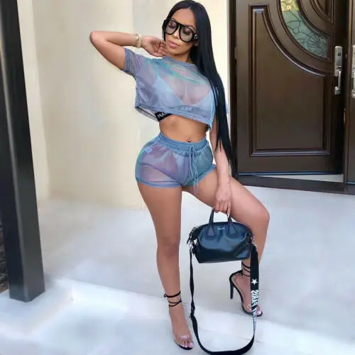 Модный женский комплект из 2 предметов прозрачный сетчатый короткий топ и шорты