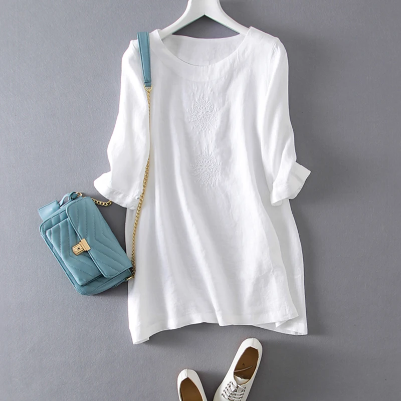 

Three Quarter Shirts Women Summer Autumn Linen Embroidery Pullovers Blouse M/L