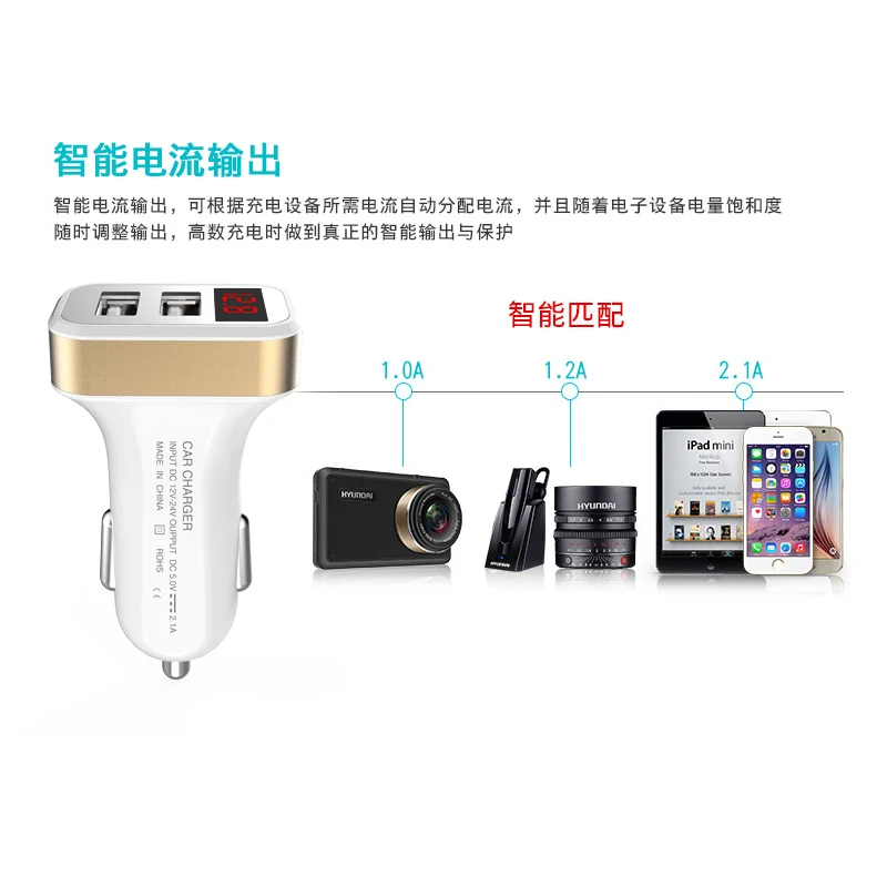 Автомобиль Зарядное устройство для Iphone Samsung 2 Порты и разъёмы USB LED Экран Смарт
