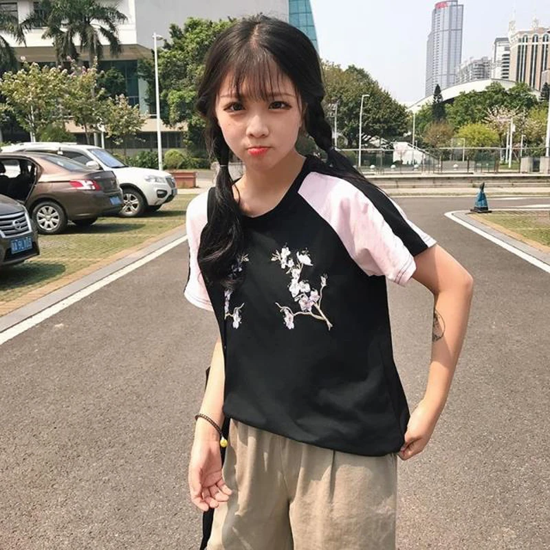 2019 Женская японская панк Harajuku Ulzzang Academy вышивка Лоскутная футболка свободная