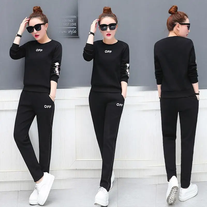 Осенний спортивный костюм для женщин; комплект из 2 предметов; спортивный костюм с цветочным принтом; толстовки и брюки; комплекты из 2 предметов для женщин; комплект-двойка - Цвет: Черный
