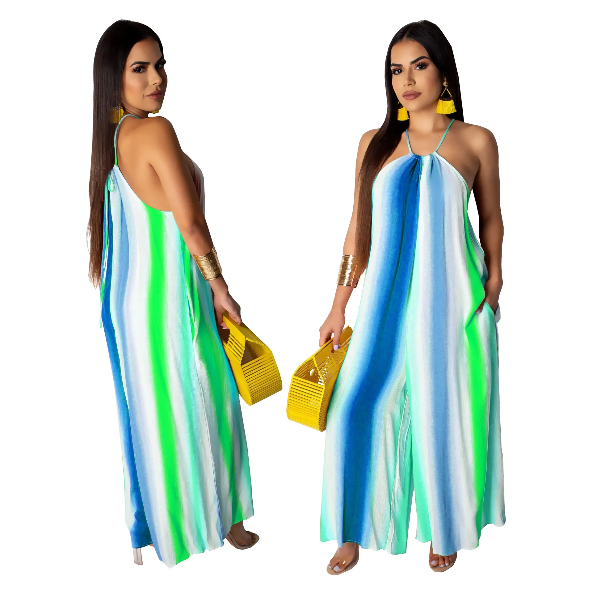 Женский свободный комбинезон на бретелях с открытыми плечами и широкими