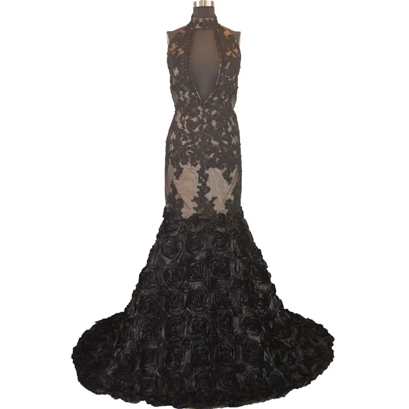 Платье-Русалка из ткани шампанского и черного цвета с завязкой на шее открытой