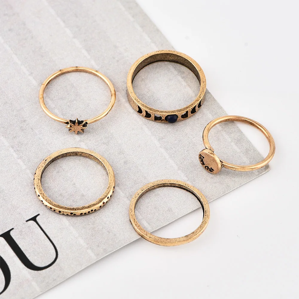 5 шт./компл. винтажные женские кольца с перфорацией Луна круглая буква гравировка