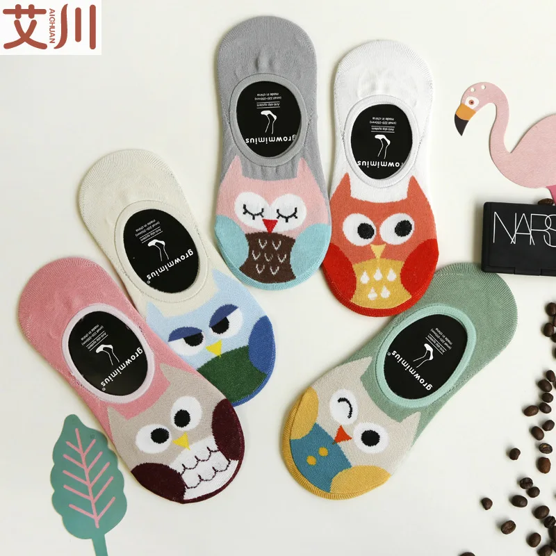 Летние женские лодочные носки из хлопка с рисунком совы полихроматические для
