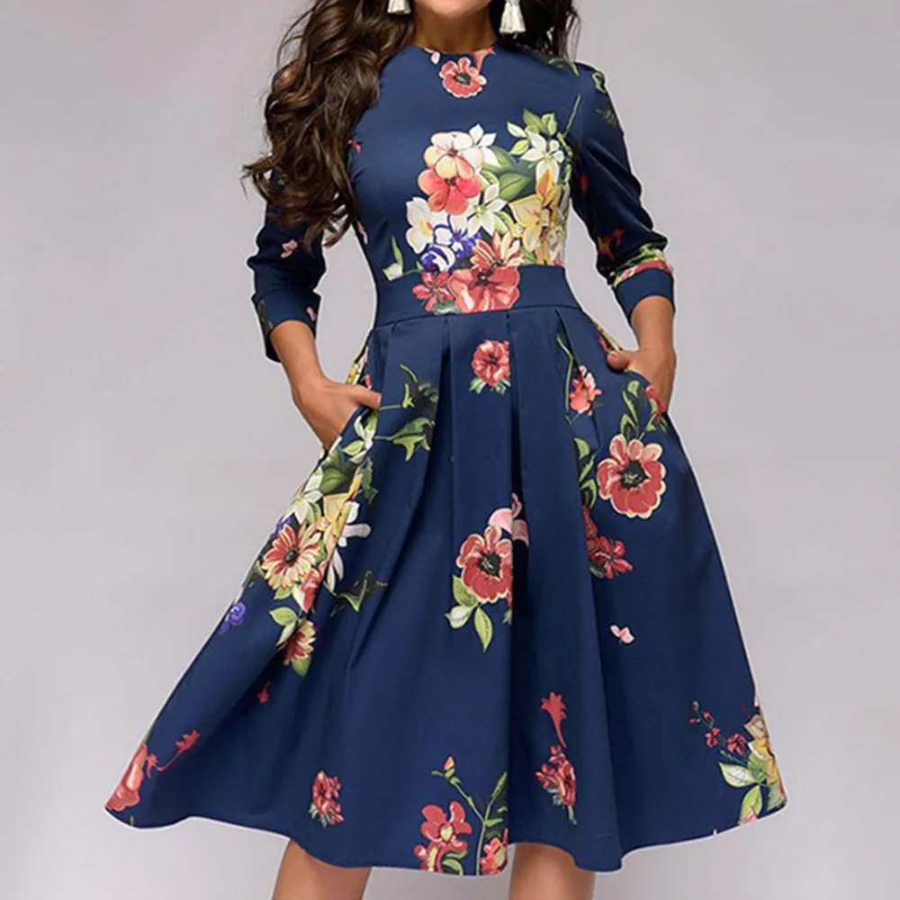 

Vintage Floral Print Cropped Sleeve O-Neck Party Dress Elegant Western Boho Dresses Summer Knee-Length High Waist Pleated Sexy