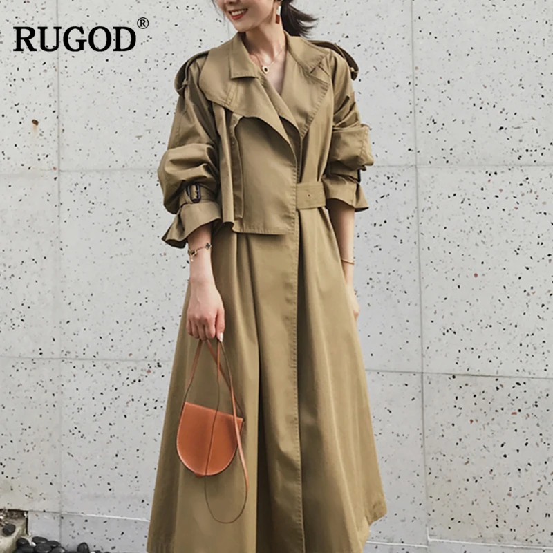 RUGOD, винтажное модное женское пальто X-Long, с отложным воротником, одноцветное, с регулируемой талией, с широкой талией, тренч для женщин