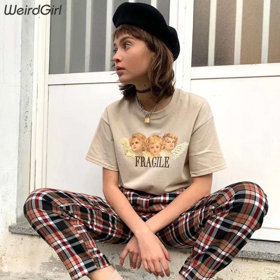 Weirdgirl/повседневные модные футболки с принтом ангела для женщин и малышей; свободные женские футболки цвета хаки с короткими рукавами и круглым вырезом; Новинка года; сезон лето