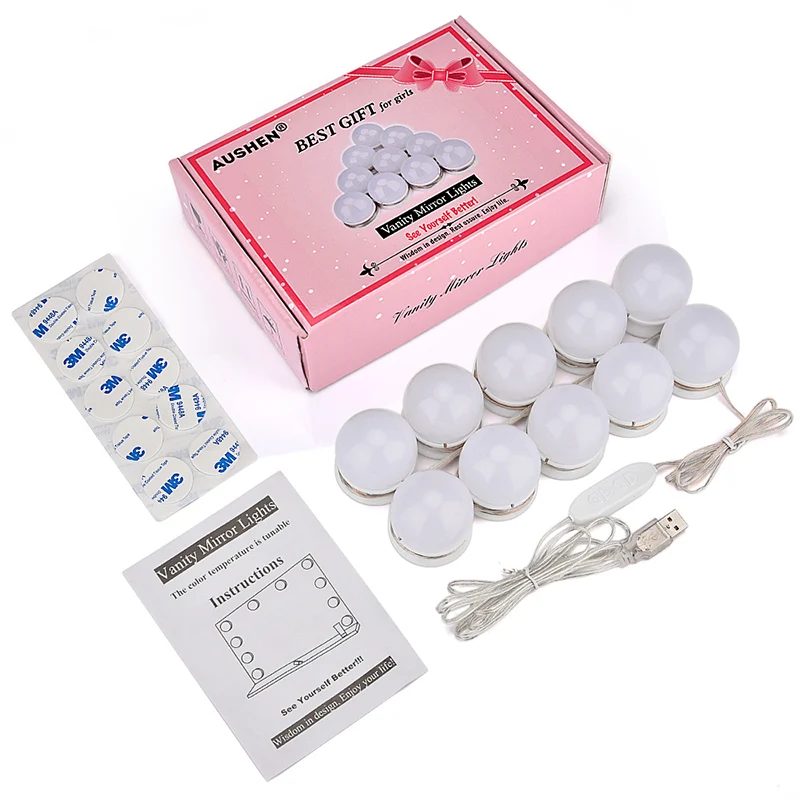10pcs Makeup Mirror Bulbs Vanity LED Light Bulbs USB Powered Mirror Light Makeup Vanity Lamp Adjustable Cosmetic Mirrors Light