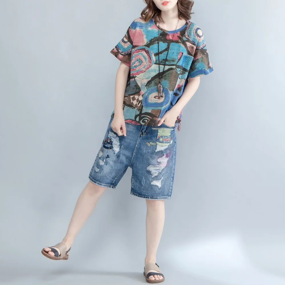 2018 новый летний бамбука футболки цветочная роспись с круглым вырезом короткими