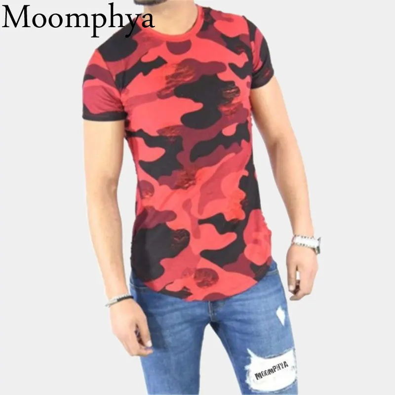 

Moomphya Camo Slim Fit men t shirt Longline curved hem skinny t-shirt men Ripped hip hop tshirt streetwear summer top