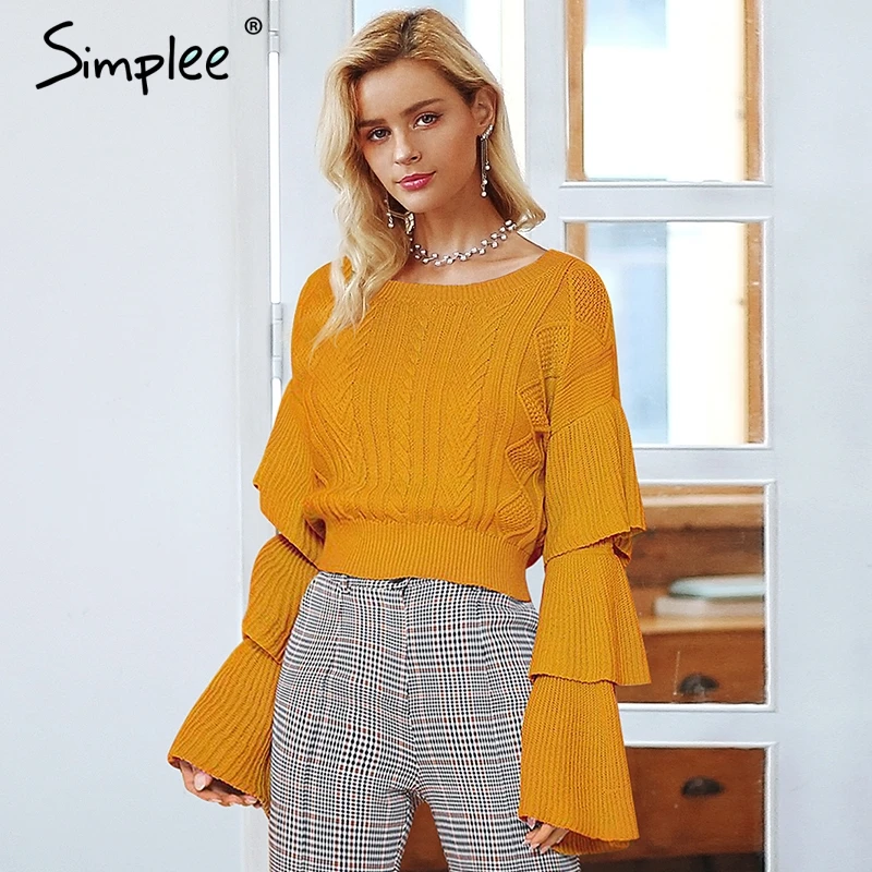 Simplee Elegant layered flare sleeve knitted sweaters Women winter 2018 Autumn Fashion pullovers girls tops knitwear jumper | Женская