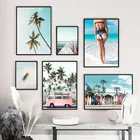 Автобус море пляж девушка Пальма пейзаж настенная Картина на холсте скандинавские плакаты и принты настенные картины для декора гостиной