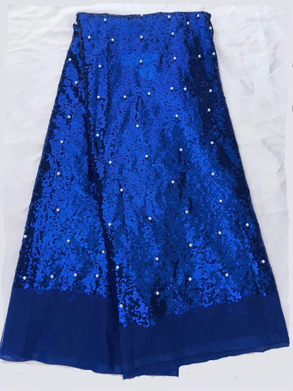 

5 Yards/pc Hot sale royal blue french net lace fabric with sequins and beads decoration african mesh lace for dress QN59-2