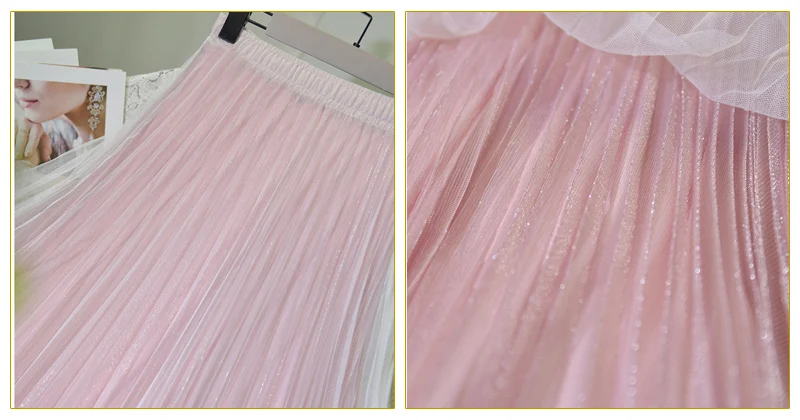Women's 3 Layer Bright Tulle Skirt Ladies Korean High Waist Shining Tutu Skirt Pleated Mesh Midi Skirts Faldas Autumn
