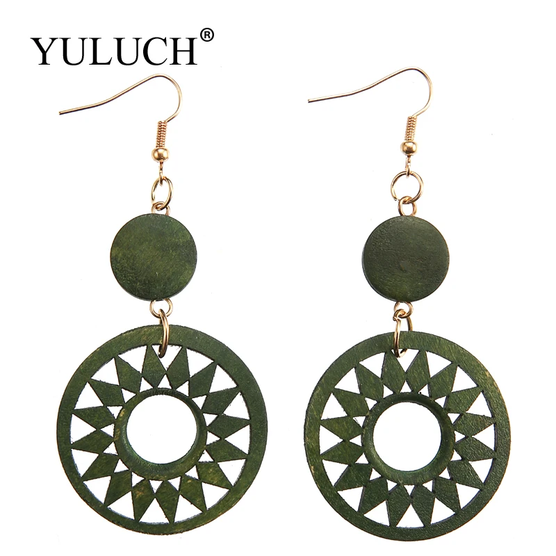 YULUCH African Style Natural Wood Big Earrings Women Round Wooden Jewelry Long Drop Earring Elegant Design | Украшения и