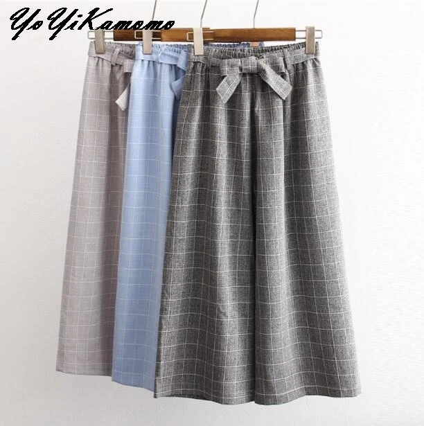 YoYiKamomo 2017 Women Pants Autumn Spring Japanese Mori Girl wide-legged High Waist Plaid Casual Trousers | Женская одежда