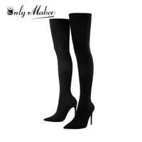 onlymaker sexy female europe nylons boots thigh high pointy toe stiletto elastic over the knee sock long boots large size shoe
