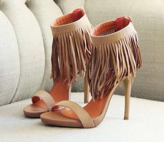 

Hot selling stylish fringe ankle wrap back zipper stiletto heel sandals elegant cross strap beige suede tassel sandals high heel