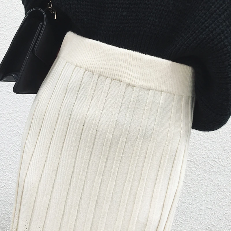 Осенняя полосатая плиссированная Женская трикотажная миди юбка Повседневный
