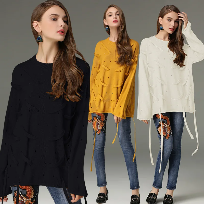 Women Sweaters And Pullovers Promotion Jumper 2019 Autumn Winter Rope Piercing Holes Sweater Loose Large Code Female Tide | Женская