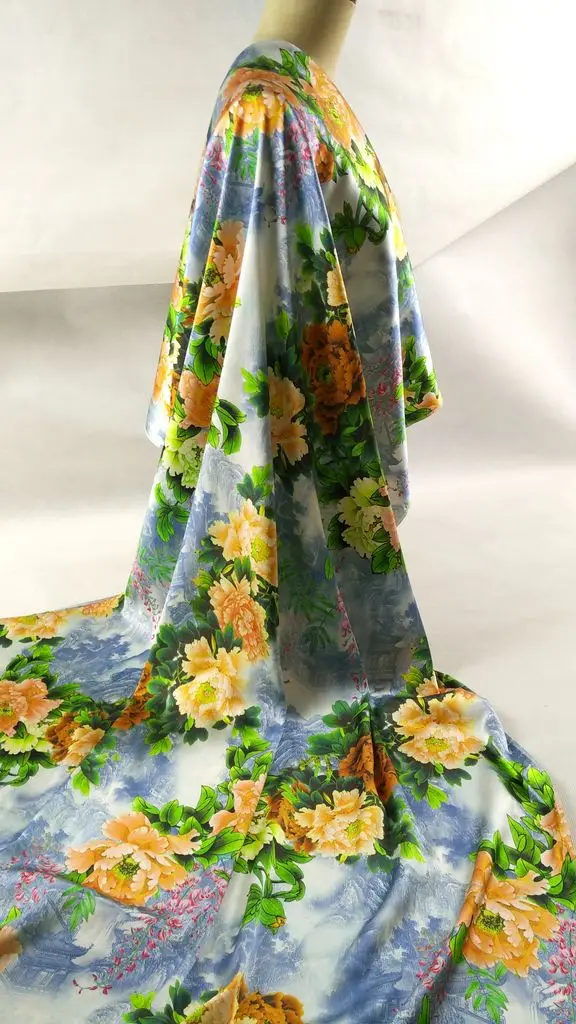 New Women 19mm Super Satin Woven Elastic Silk Fabric For Sewing Cloth Skirt Shirt Material Yellow Peony Print Discount | Дом и сад