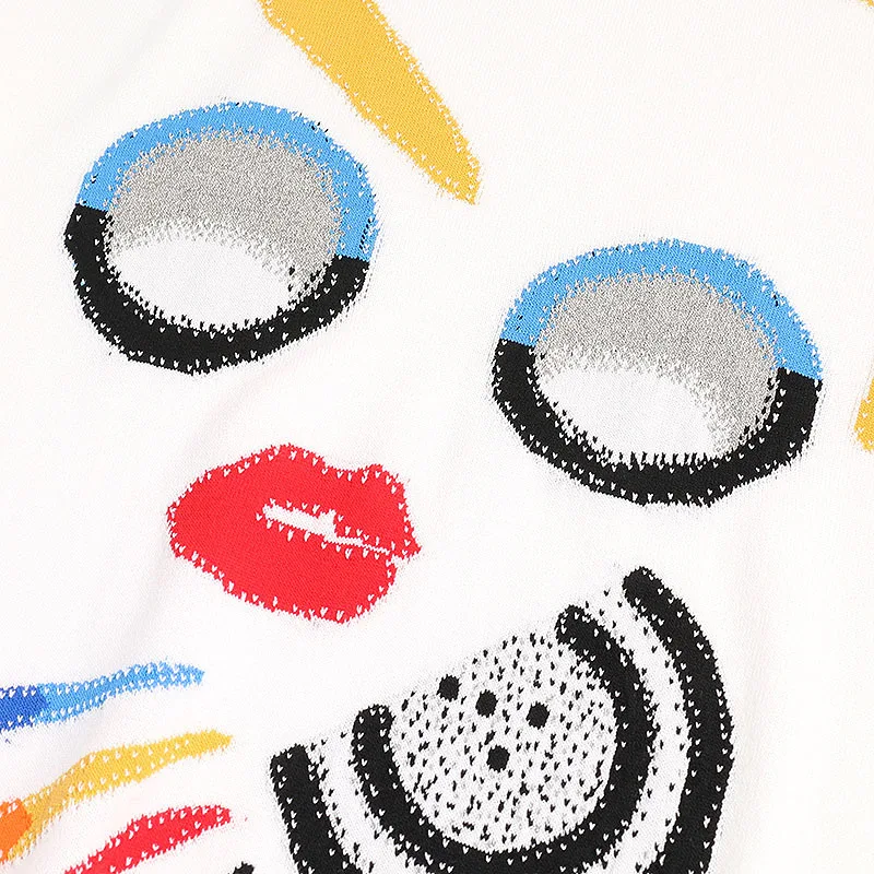 Womens Sweater Tops Fashion Cartoon Expression Embroidered Spring Summer Autumn Female Rainbow Ice Silk Knitted Pullovers Shirts | Женская