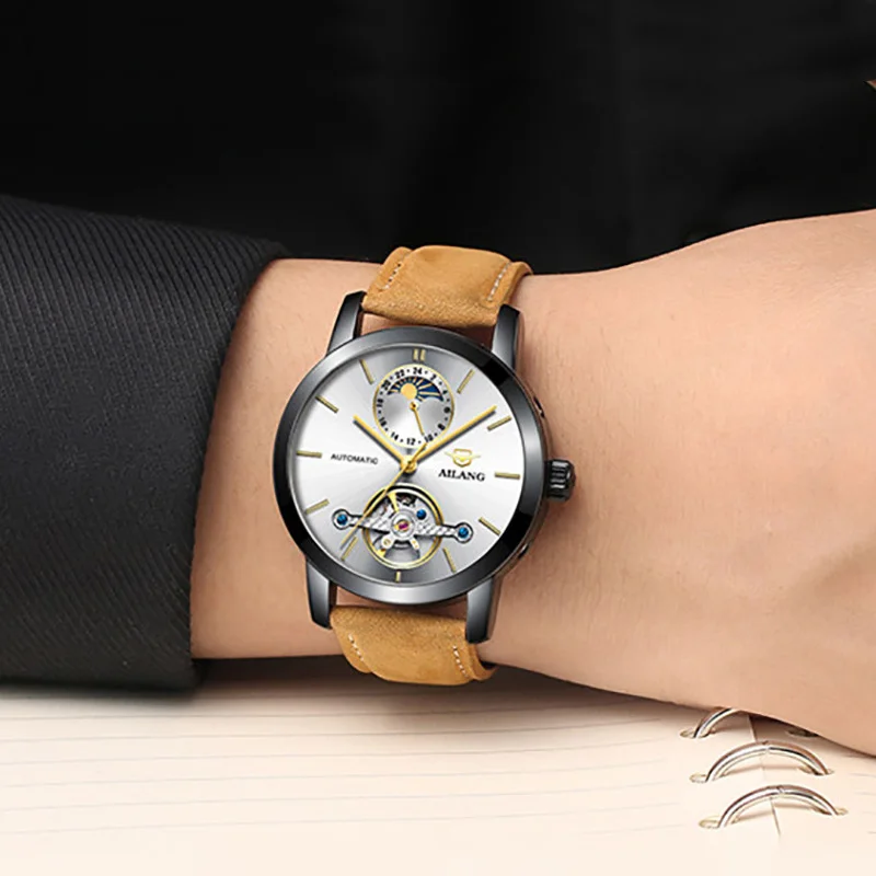 Original Brand Men Mechanical Tourbillon Watches Self-winding Moon Phase Wrist watch Waterproof Real Leather Strap Watch 316L | Наручные