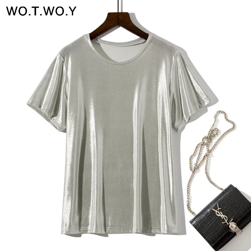 T19053White WOTWOY, серебристые, прессованные, вязаные футболки, женские,, летние, сексуальные, тонкие, круглый ворот, короткий рукав, розовая футболка, женские, одноцветные футболки Harajuku - Цвет: T19053White