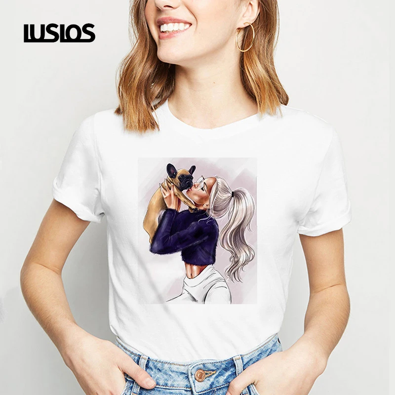 LUSLOS Новая летняя футболка для женщин женская с принтом Собака модная