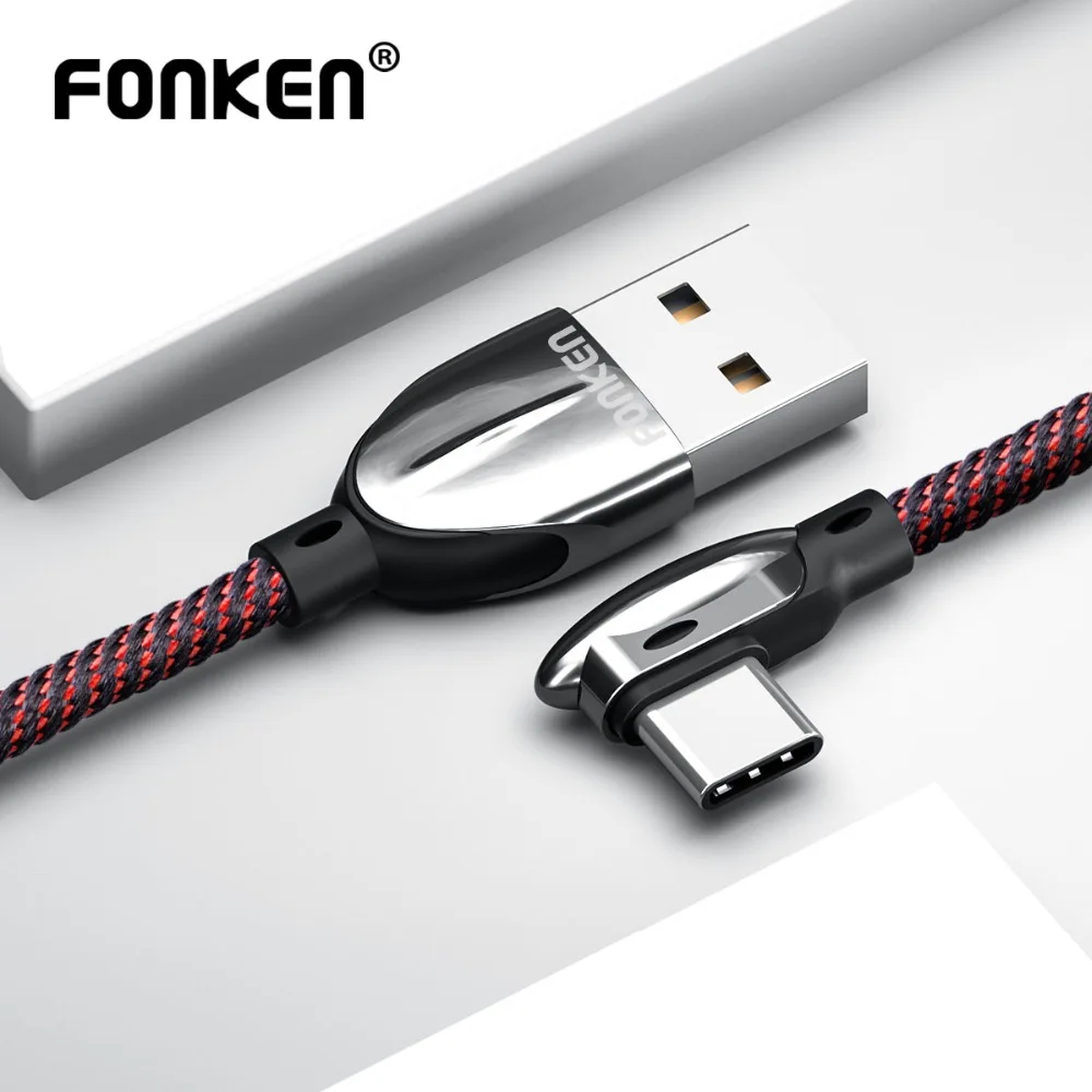 FONKEN 90 градусов usb type C кабель быстрое зарядное устройство 3A type-C изгиб шнур Зарядка для Android мобильный телефон шнур данных нейлоновый игровой провод