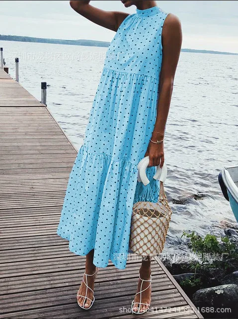 Женское пляжное платье с оборками свободное макси в горошек без рукавов богемном