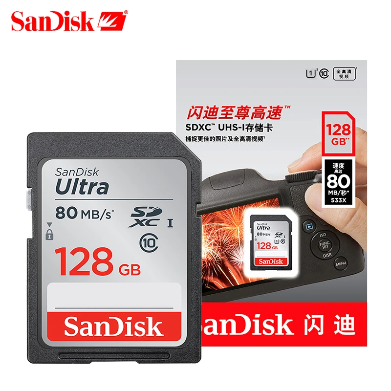 Двойной Флеш-накопитель SanDisk Ultra 32 Гб оперативной памяти, 16 Гб встроенной памяти, 64 ГБ, класс 10 SD карта SDHC/SDXC карты памяти SD карты 128 ГБ 80 МБ/с. для Камера Поддержка официальный проверки