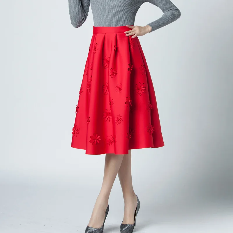 SETWIGG Осенняя пышная плиссированная юбка миди с высокой талией тиснением из