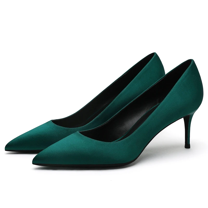 6cm Heel Height Элегантные женские туфли-лодочки высококачественные шелковые туфли с острым носком на высоком тонком каблуке 6 см, 8 см, 10 см, Классические Вечерние туфли для офиса женская обувь зеленого цвета, E0041 - Цвет: 6cm Heel Height