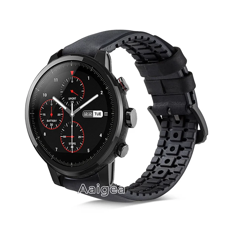 Matte Black 22 мм кожаный силиконовый ремешок для часов, ремешок для Xiaomi Huami Amazfit Strato, спортивные часы 2, сменный мужской Т-образный ремешок, браслет для мужчин - Цвет: Matte Black