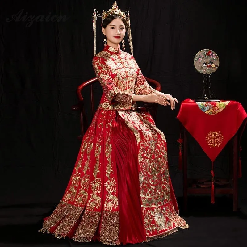 Chinese Traditional Dress Qipao Red Long Sleeve Cheongsam Embroidery Oriental Dresses Wedding Gowns Robe Orientale Vestido Chino |