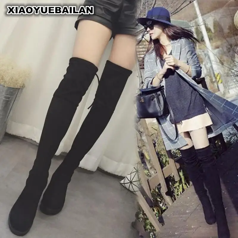 2017 г. Новые зимние сапоги с бархатом женские эластичные тонкие рыцарские до