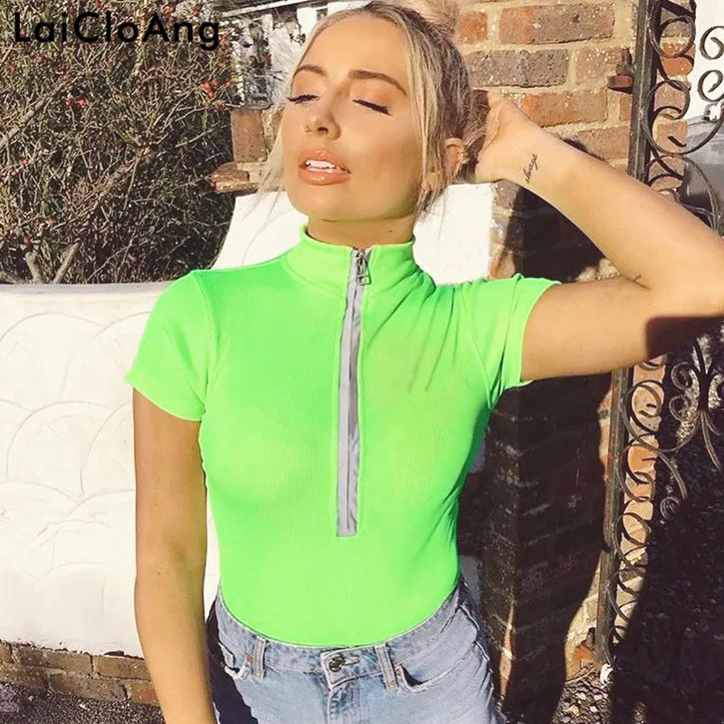 LaiCloAng летний Боди на молнии с высоким воротом женский короткий рукав ребристый