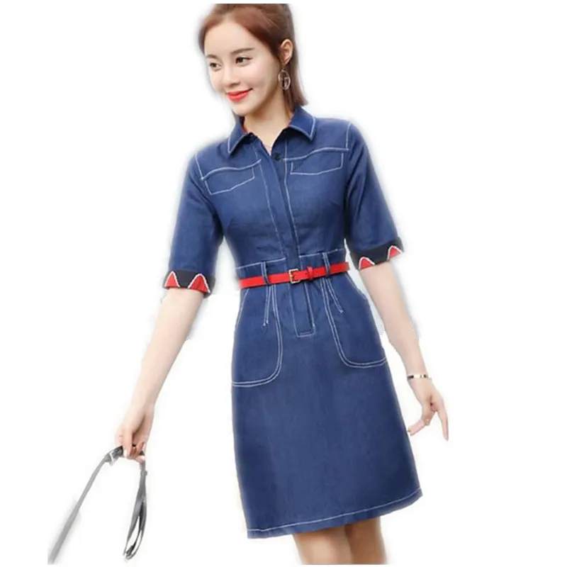

2019 Fashion Women Office Lady Denim A-Line Dress Female Spring Summer Empire Dress With Belt Short Sleeve Turn-Down Collar Q232